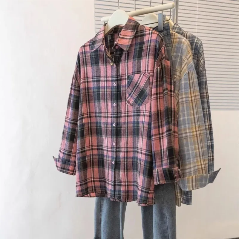 

Retro Plaid Shirt for Women 2026 Spring Long Sleeve with Pocket Button Down Loose Oversize Versatile Casual Outerwear Top