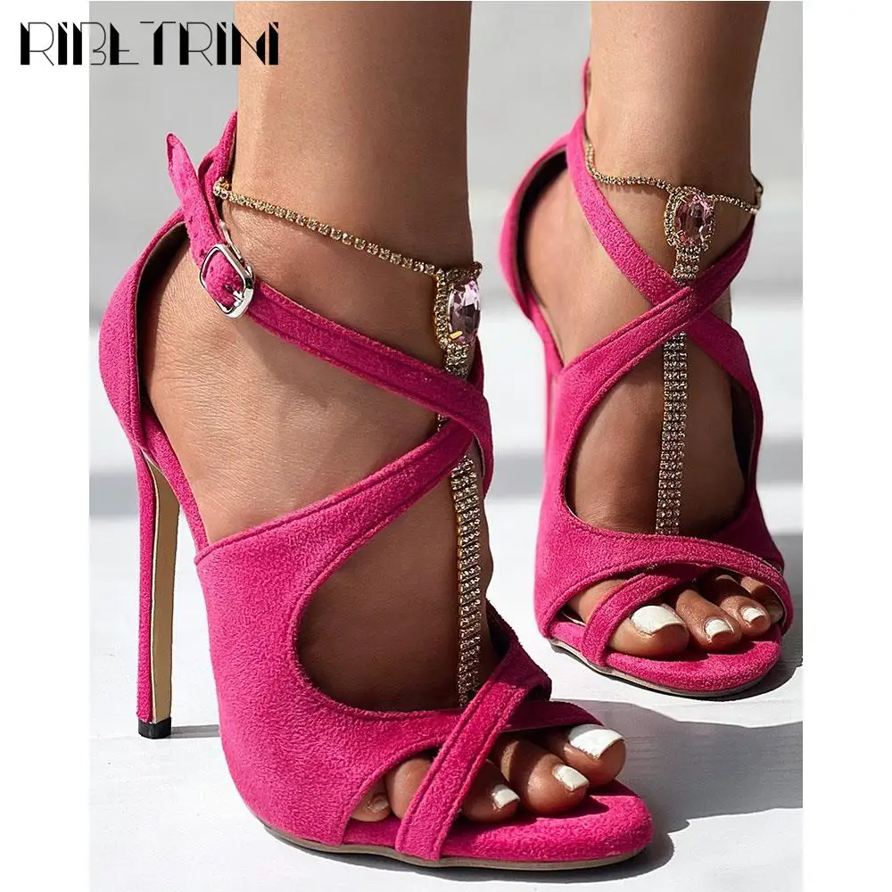 RIBETRINI Sexy Peep Toe Stiletto High Heels Sandals For Women Buckle Strappy Summer Shoes Dress Wedding Clubwear Elegant Party