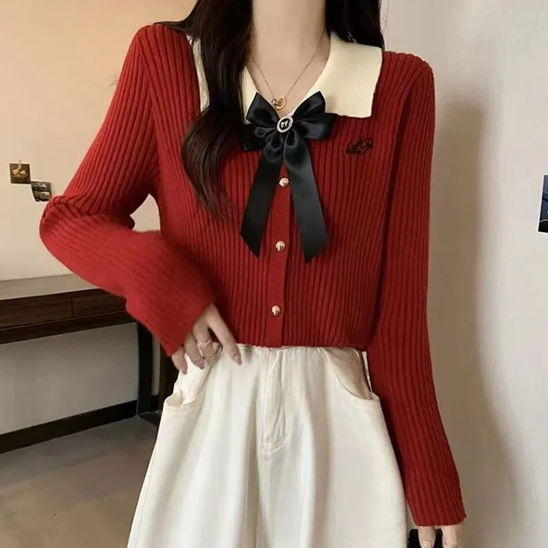 Preppy Style Doll Collar Bow Sweaters Female Clothing Stylish Single-breasted Autumn Winter Solid Color Loose Knitted Cardigan