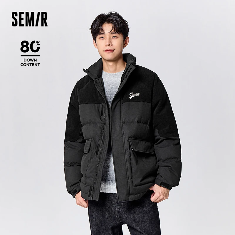 Semir Down Jacket Men Winter Fashion Letter Embroidery Spliced Corduroy Texture Stand Collar Raglan Sleeve Casual Coat