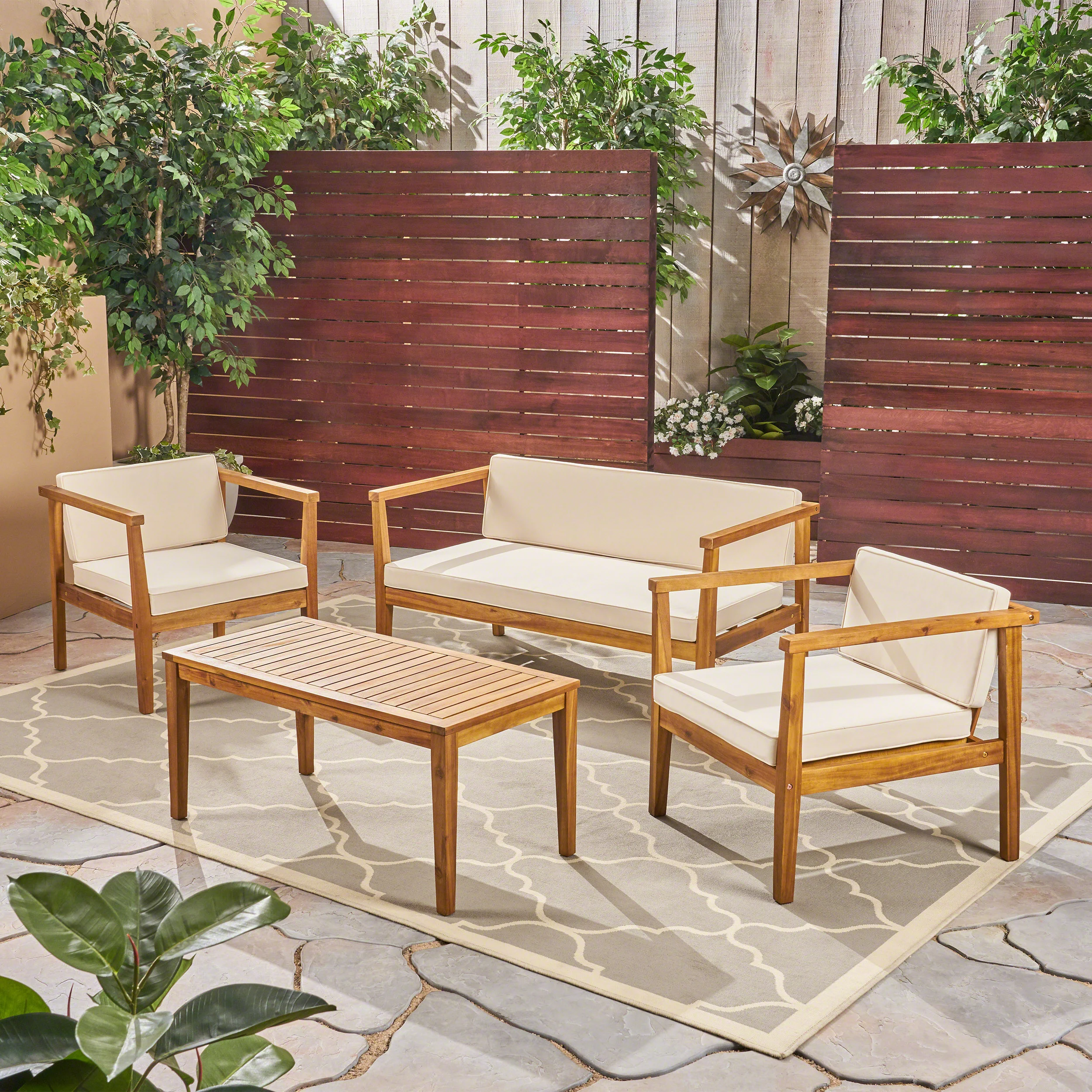 Outdoor 4-Seater Acacia Wood Chat Set with Coffee Table with Cushions, Teak and Beige