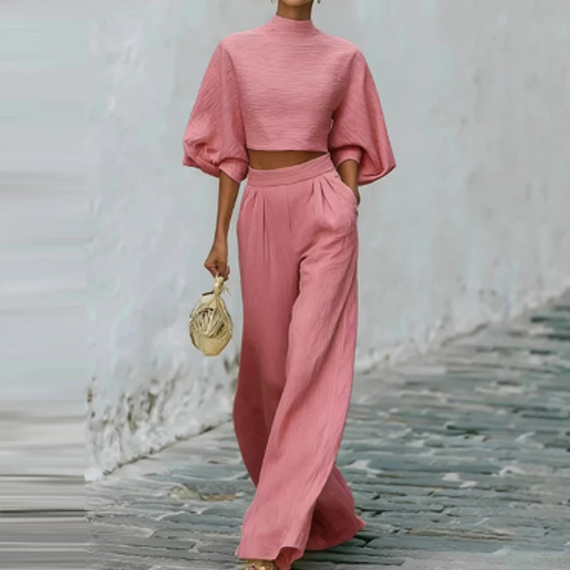 

Simple Casual Solid Two Piece Set Women Spring O Neck Lantern Sleeve Top Pullover & Wide Leg Pants Outfit Summer Streetwear Suit