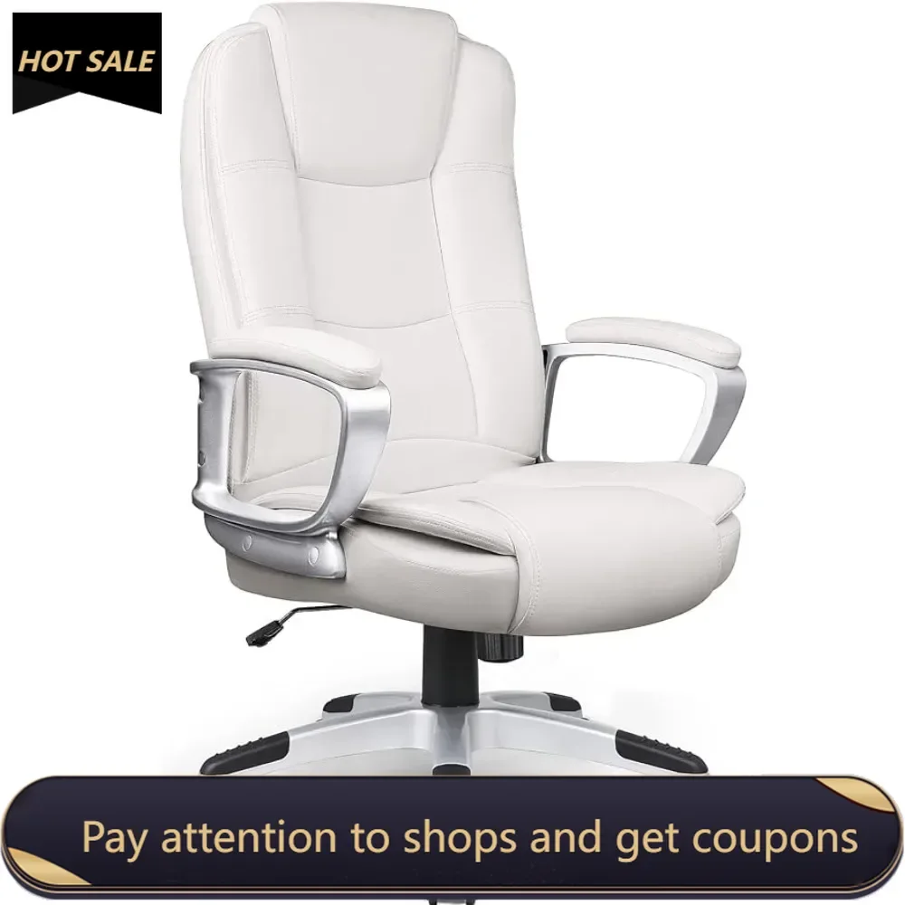 Office Desk Chair,  High Back Computer Chair, Ergonomic Adjustable Height PU Leather Chairs with Cushions Armrest  (White)