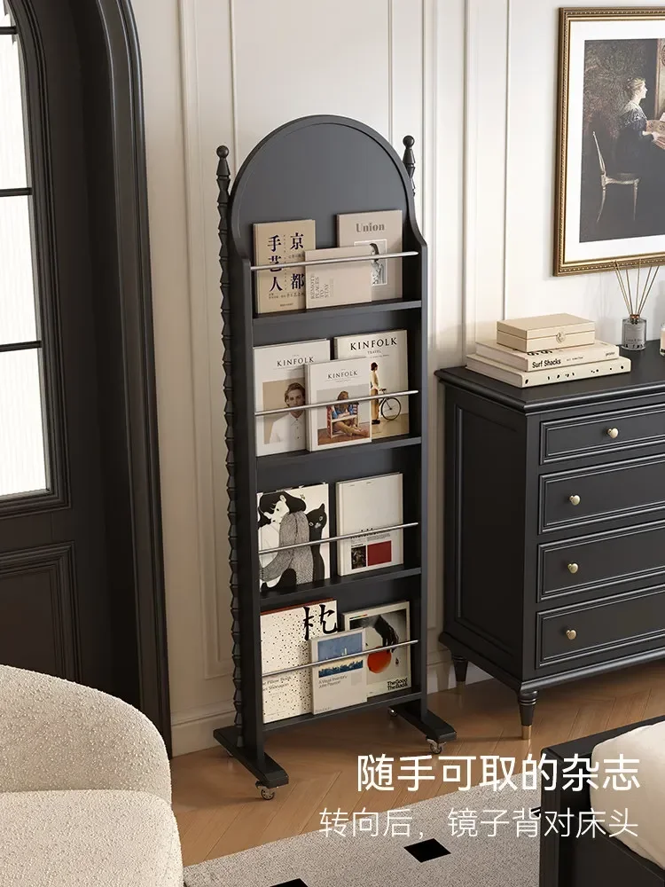 Retro Book And Newspaper Shelf Floor-to-ceiling Movable Household Solid Wood Multi-functional Shelfn29