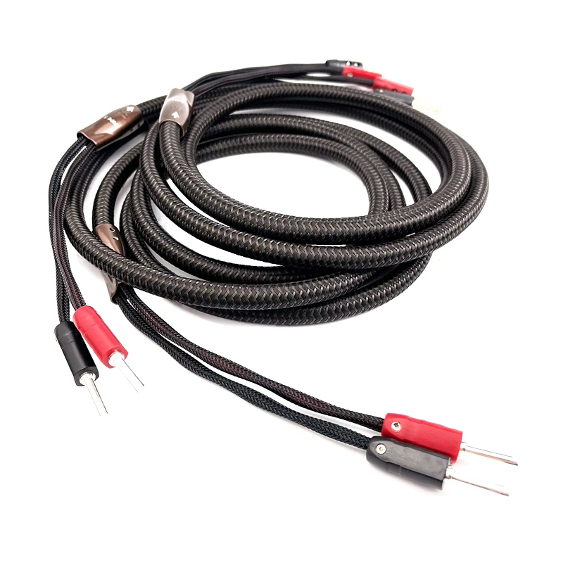 Par de cables de altavoz tipo 5 de baja distorsión y bajo ruido, Cable de Audio HiFi Chapado en plata, conector Banana a Spade