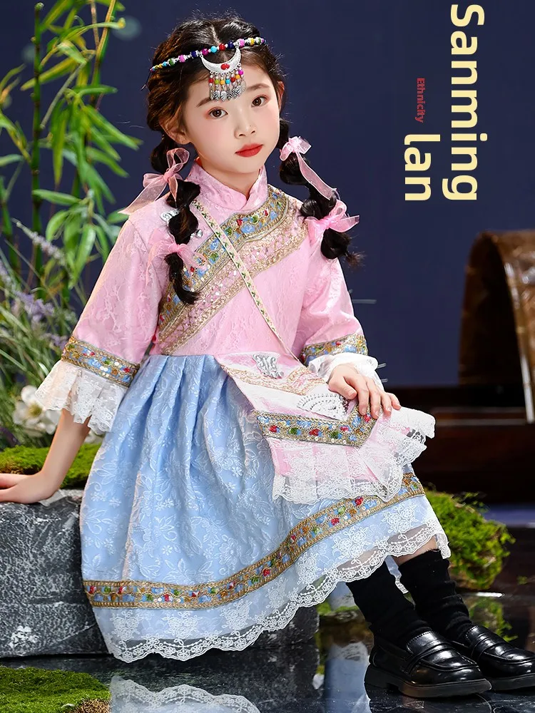 

New March Tee Girl Children Minori Clothing Children's Zhuang Clothing Guangxi Zhuang Ethnic up Clothes Miao Eth