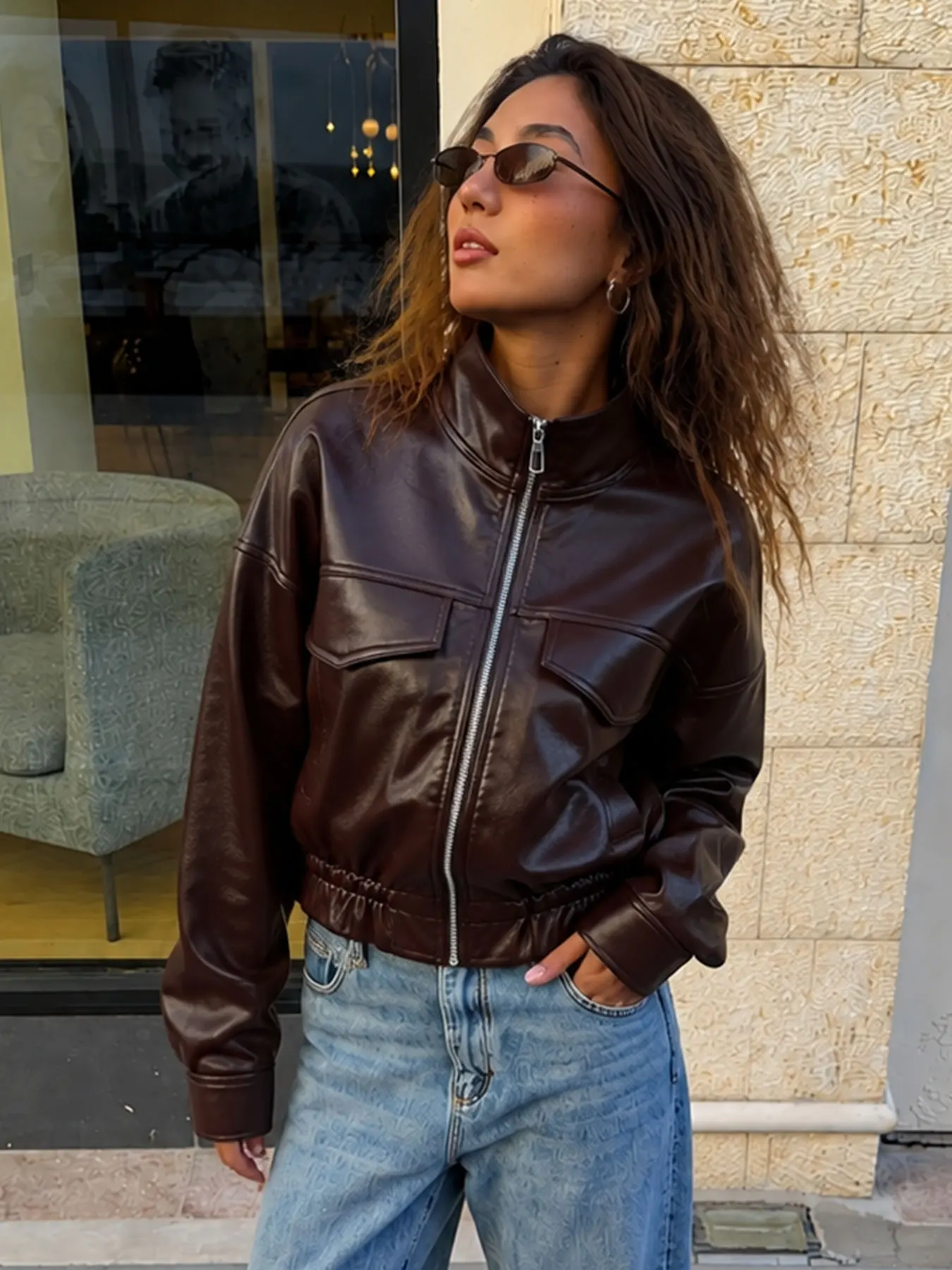 HH Women Elastic Waist Faux Leather Jacket Zipper Pocket Long Sleeve Loose Coat Casual Autumn Vacation Fashion Party Outerwear