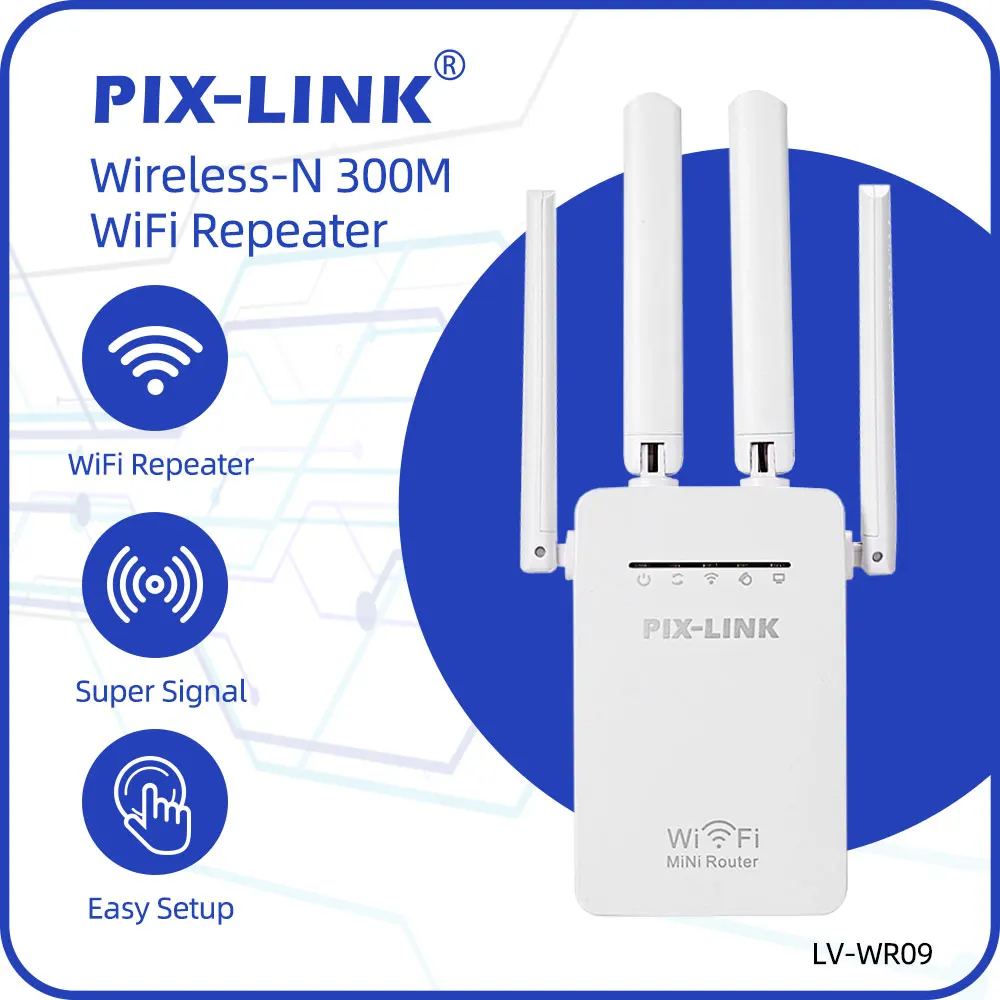 PIXLINK Mini WiFi Repeater / Router / Access Point Wi-Fi Range Extender dengan 4 Antena Eksternal Perlindungan WPS EU/US/UK/AU Plug