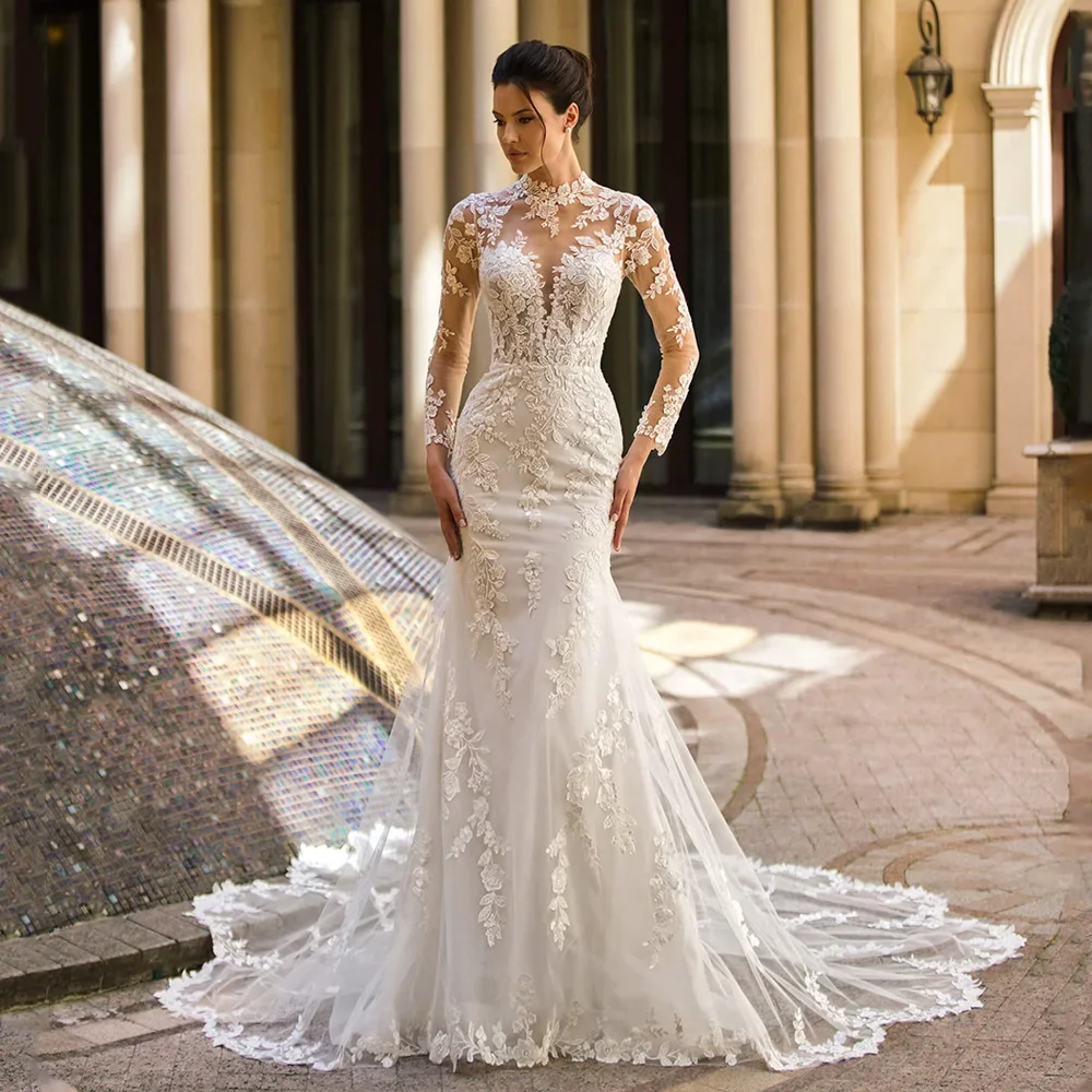 Robe de mariée sirène à manches longues, romantique, col haut, boutons, personnalisé, magnifiques Appliques, traîne Court, trompette, nouvelle collection