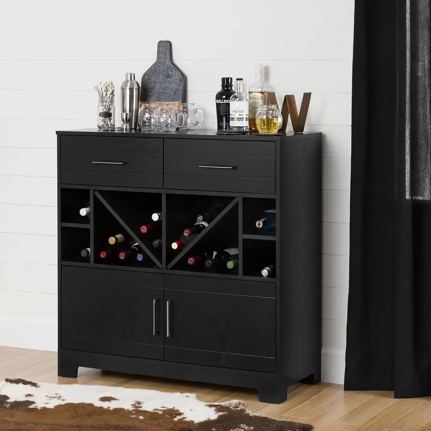 Vietti Bar Cabinet With Liquor And Wine Bottle Storage With Drawers Black Oak With Metal Handles 17\