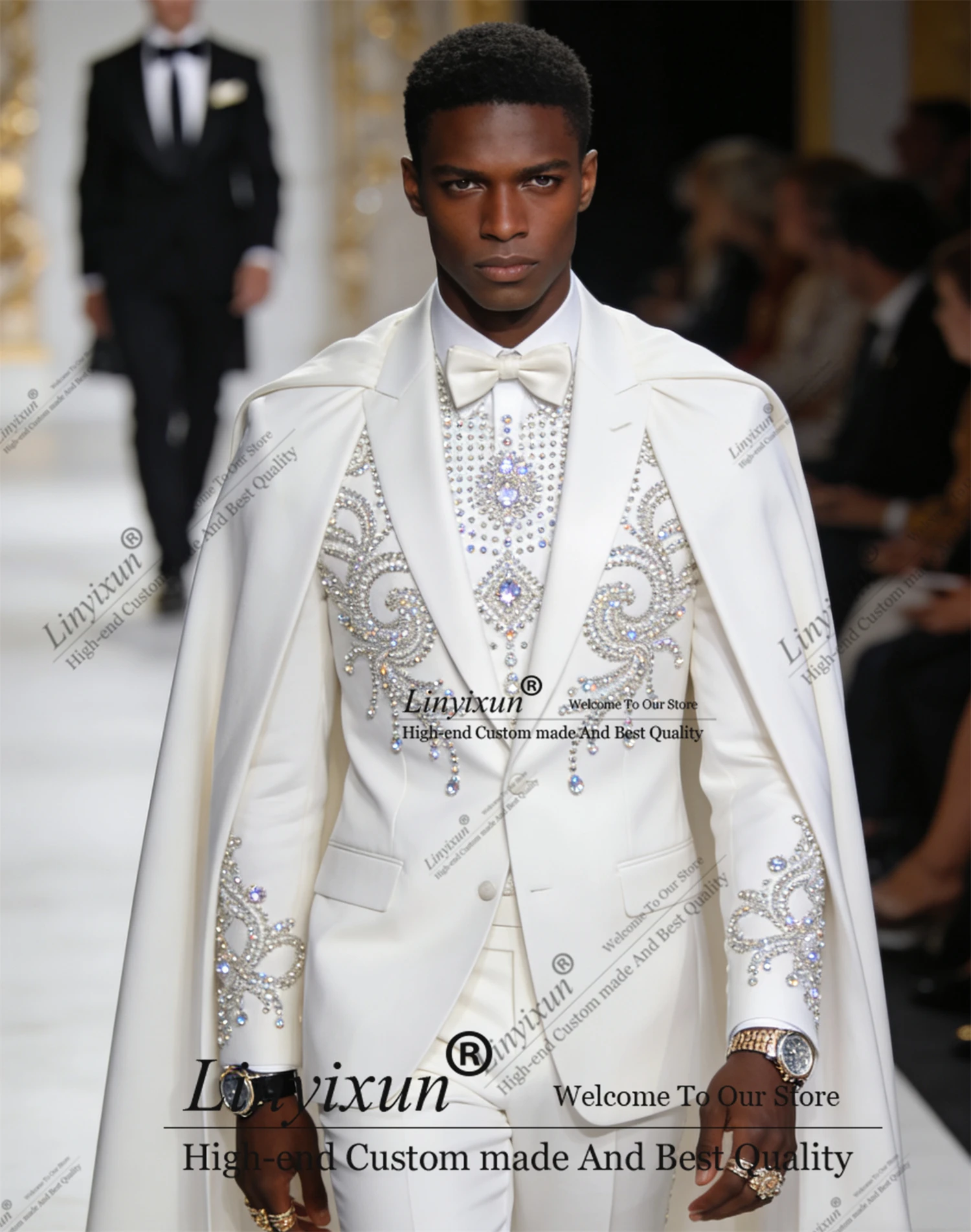 

Shiny Metal Embellished Men Suits 2 Pieces Sets Male Party Prom Blazers Customized Fashion Cloak Groom Tuxedos Ropa Hombre