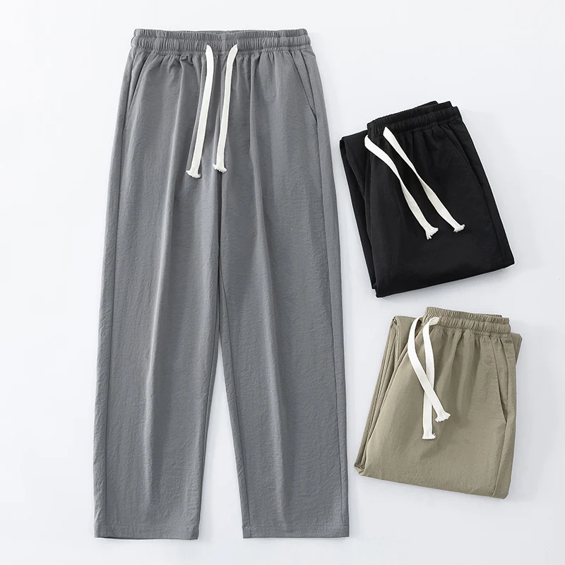 

Новые летние деловые брюки из ледяного шелка, прямые черные, серые брюки с эластичной резинкой на талии, дышащая простая мужская одежда, повседневный костюм, брюки