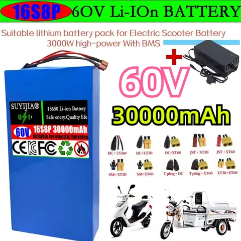 16S8P 60V 30Ah 배터리 3000W 67.2V 리튬 배터리 30000mAh, 내장형 BMS 고성능 리튬이온 배터리