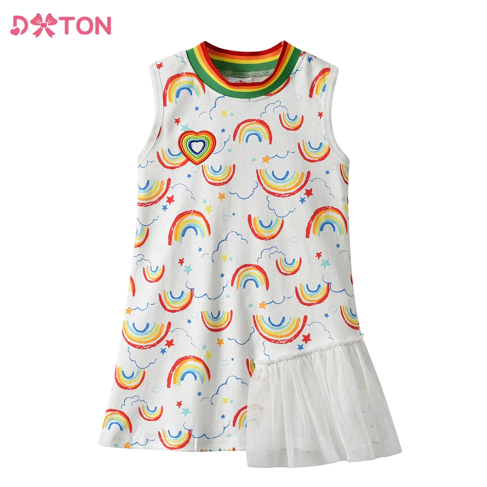 DXTON Kids Dress for Girl Children Rainbow Print O Neck Sleeveless Dresses Girls Summer Casual Princess Dress Children Clothing