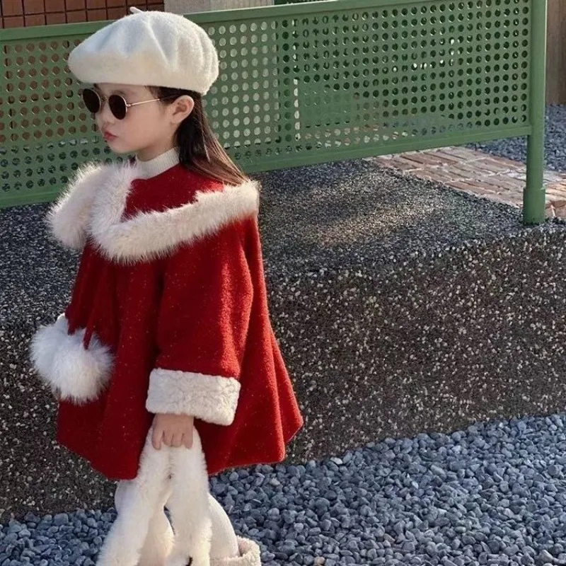 

Super Cute Girls' 2025 Winter New Red Faux Fur Lined Thickened Cold Resistant Chinese New Year Celebration Coat for Kids