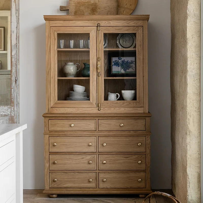 French solid wood dining side with glass door wine cabinet American living room wall rack household high cabinet