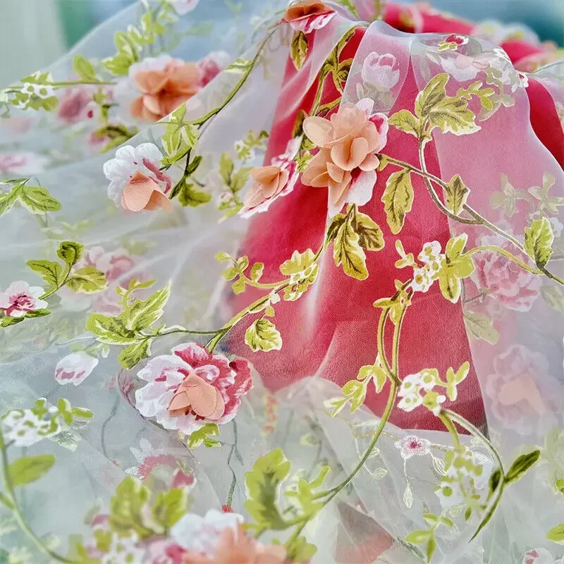 

3D Floral Lace Fabric 130X90Cm Embroidery Mesh for Wedding Dress Sewing Craft Elegant Flower Design