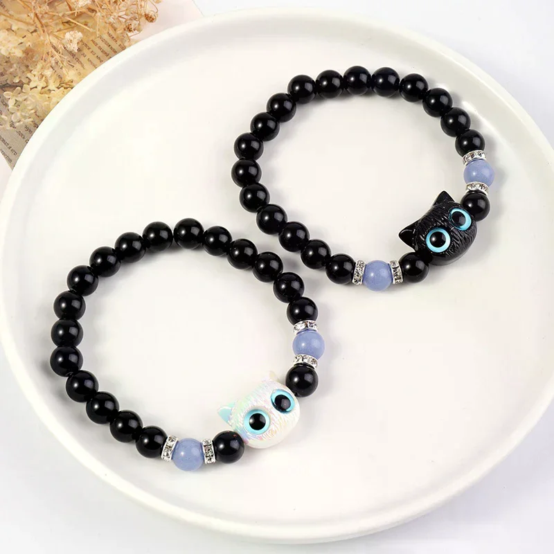 Big Eye Cat Luminous Bracelets For Women Cartoon Animal Pendant Beaded Hand Chain Friendship Couple Bracelet Jewelry Gift Cute