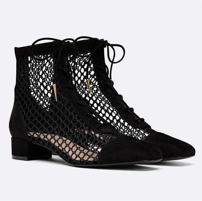 Fashion New Sexy Lace-up Mesh Hollow Ankle Boots Zapatos Mujer Elegantes Con Tacones Bajos Charms Zapatos De Mujer Envío Gratis