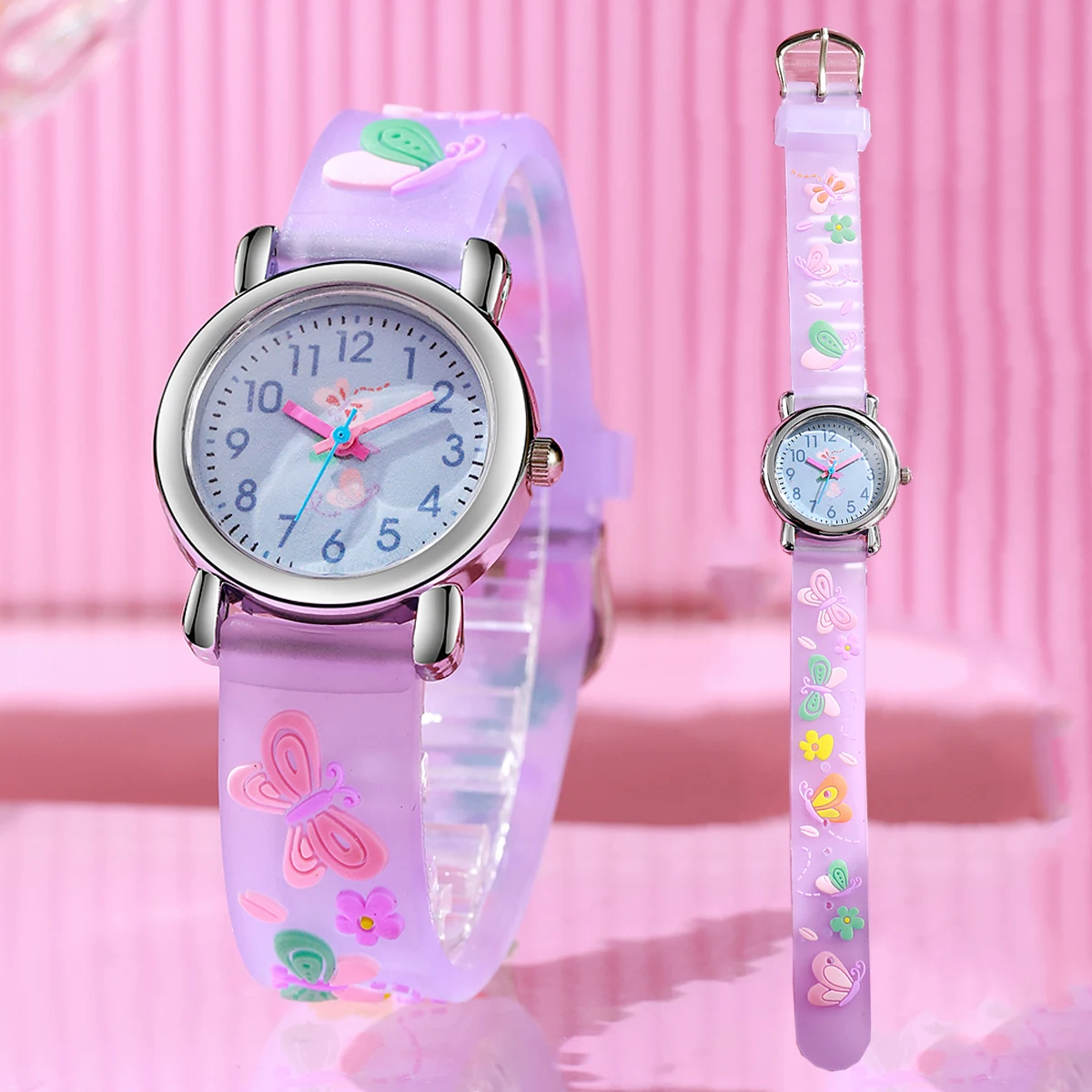 سوار ساعة سيليكون عصري ولطيف على شكل فراشة مع ساعة كوارتز للأطفال بقرص دائري، مناسب للتصفيف اليومي، مثالي #3