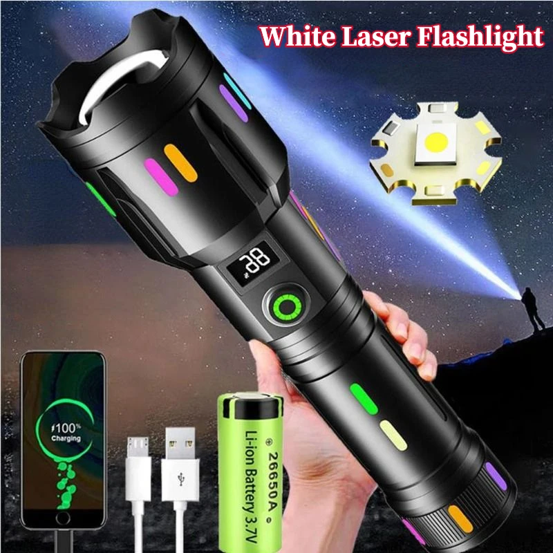 3000LM Long-Range White Laser Flashlight TYPE-C Rechargeable Military Tactical Zoomable Camping Torch With Battery Indicator