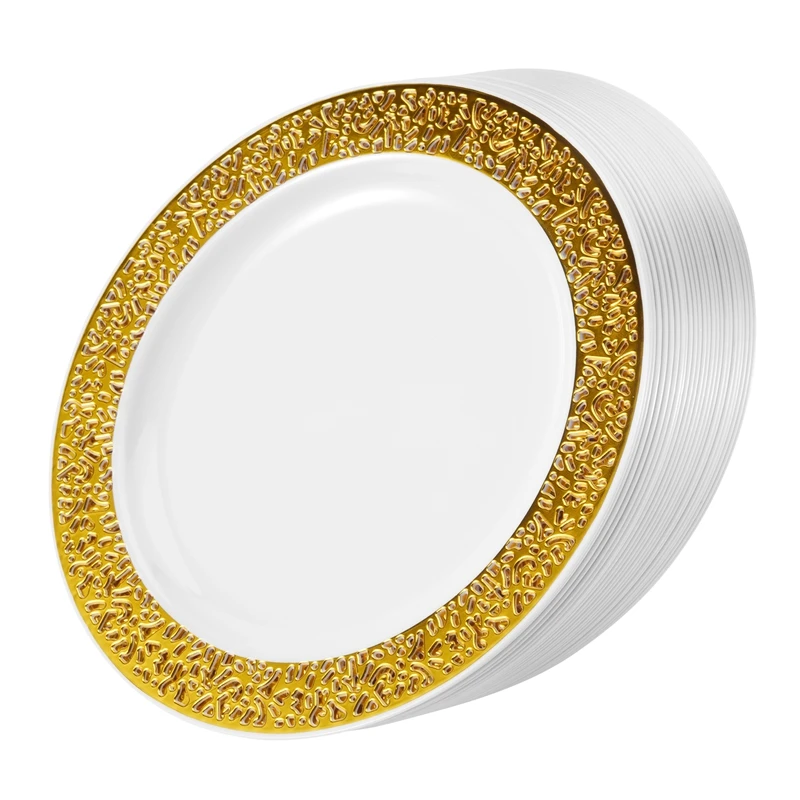 Gold Disposable Plastic Plates -Lace Design Wedding Party Plastic Plates,Gold Lace Plates Salad/Dessert Plates 25Pack