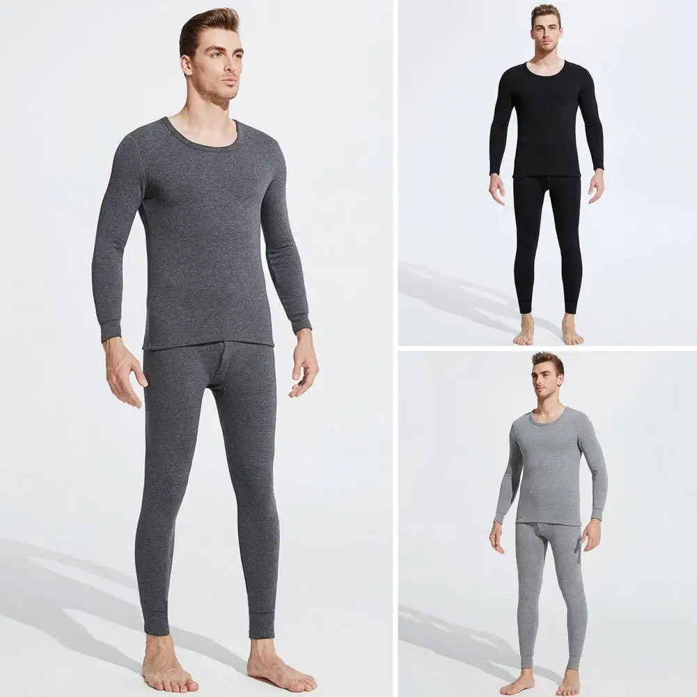 

Thermal Underwear Set Elastic Long Johns Round Neck Men's Winter Pajamas Set with Thick Fleece Lining Slim Fit Pajamas for Sport