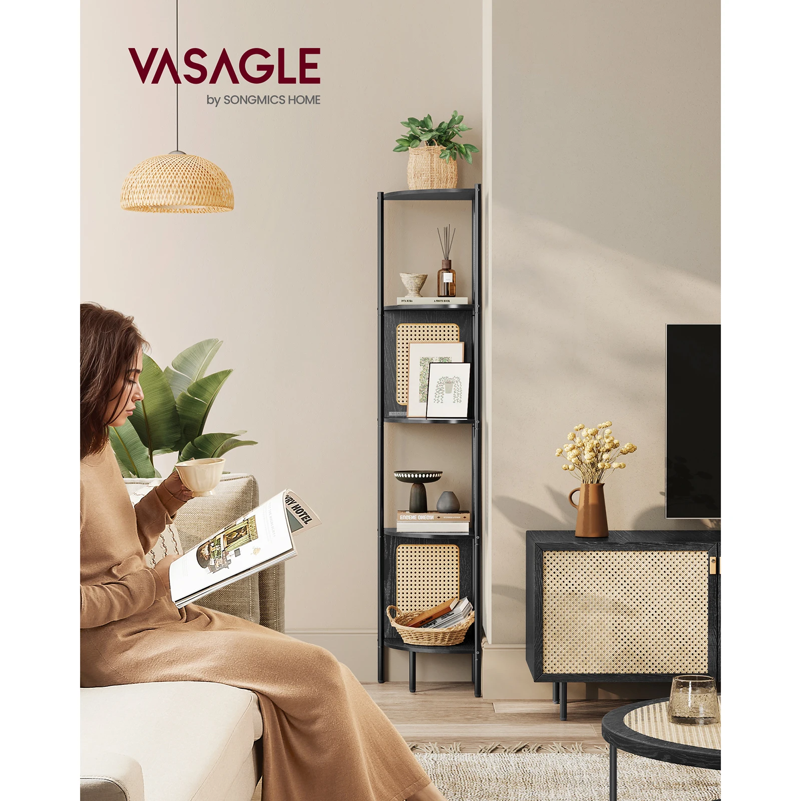 VASAGLE 5-Tier Corner Shelf. Polyrattan Sides. Metal Structure. For Living Room, Bedroom, Study, Kitchen. 31.9 x 31.9 x 156.4 cm