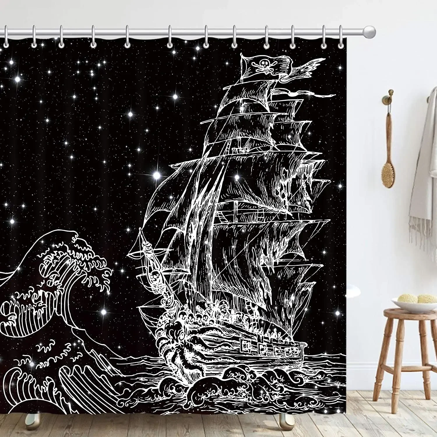 Polyester Fabric Waterproof Black Starry Sky Pirate Ship Storm Shower Curtain Machine Washable