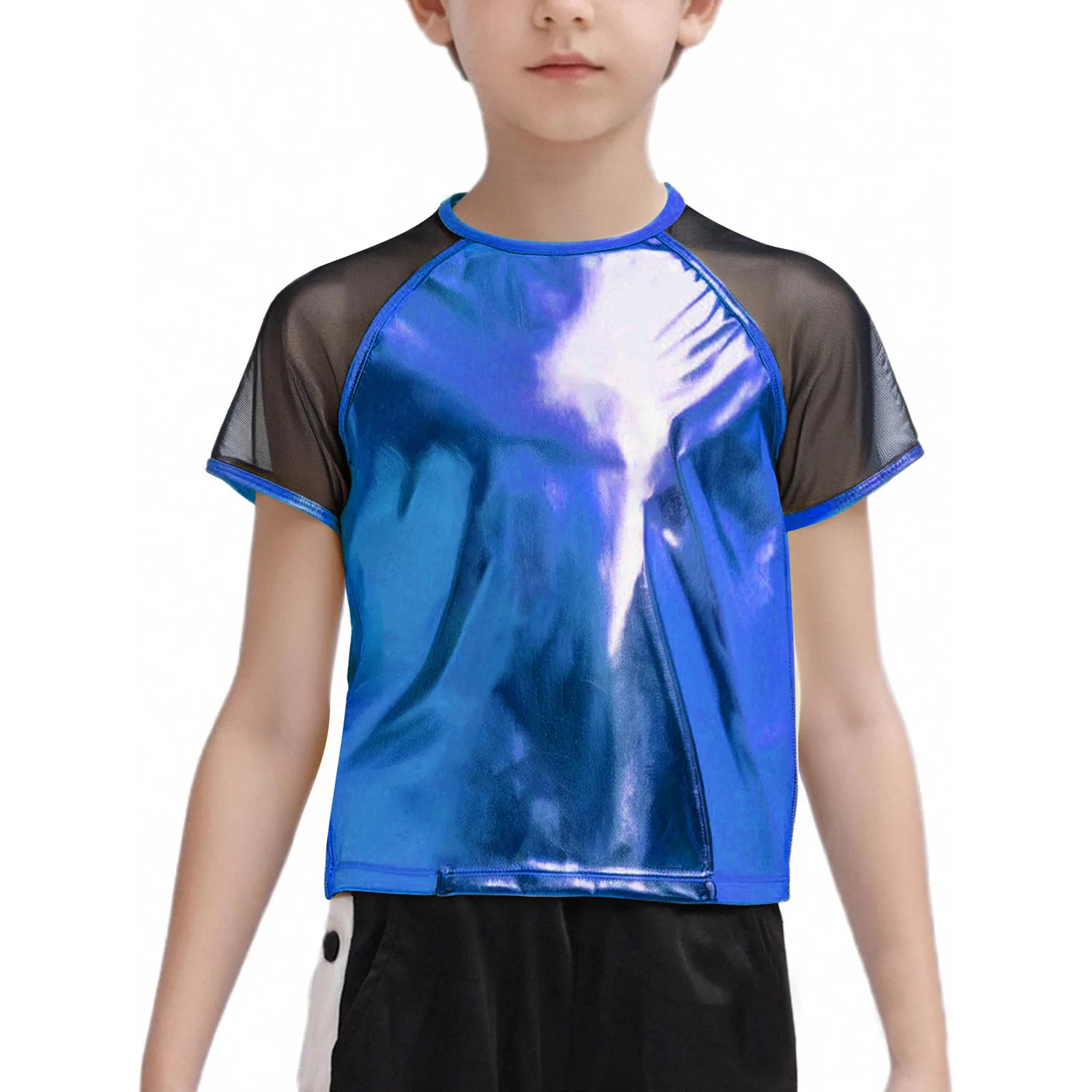 

Summer Girls Boys Hip-Hop Jazz Dance T-shirt Sheer Mesh Round Neck Metallic Top Short Sleeves Blouse for Street Dance Performane