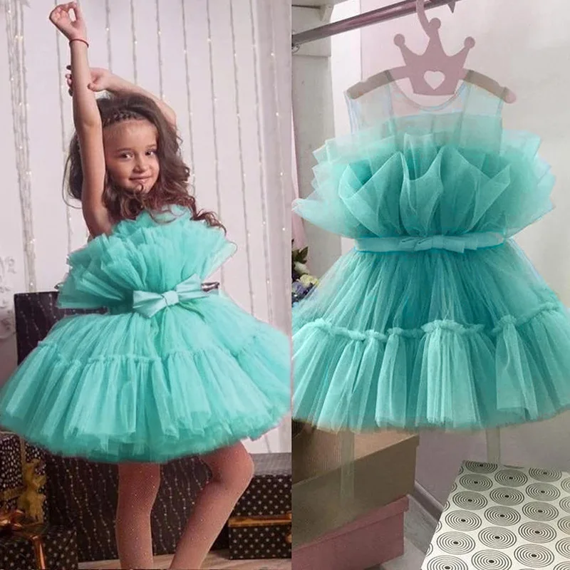 Summer Baby Dress Birthday Party Fluffy Girl Princess Dress Bow Mesh Wedding Flower Girl Elegant Evening Dress