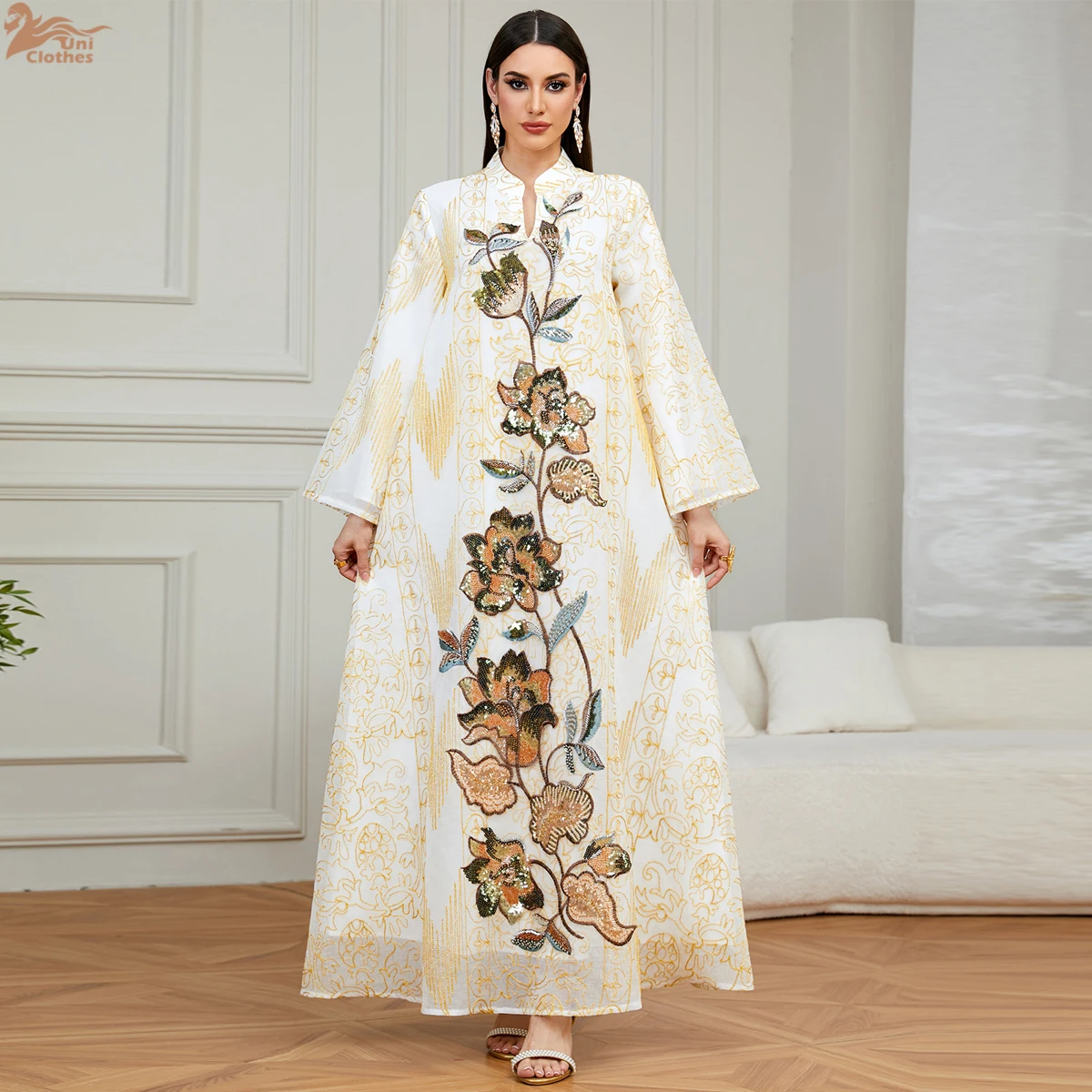

Zahraa 2026 New Luxury Ramadan Dubai Floral Embroidery Maxi Dress Sequins Abaya Moroccan Muslim Elegant Women Eid Evening Dress