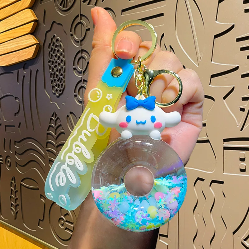 New cute Sanrio Donut Kuromi Cinnamoroll Hello Kitty keychain Acrylic Quicksand Bottle Cartoon Doll Bell Backpack Pendant Gift