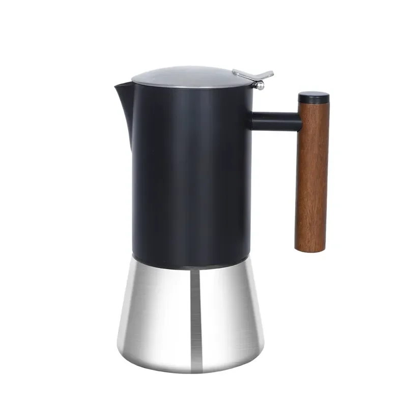 100ml 2 Cup Stainless Steel Moka Pot with Wooden Handle Stovetop Espresso Coffee Maker for Cappuccino and Latte