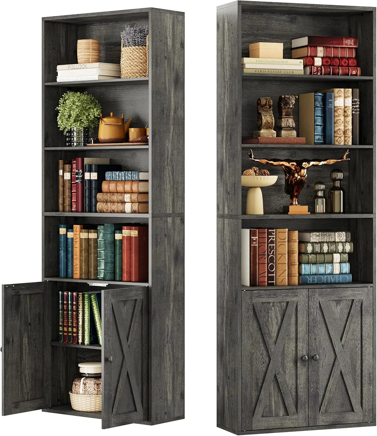 

70" 6-Shelf Industrial Bookshelf Set of 2 - Floor Standing Storage with Doors