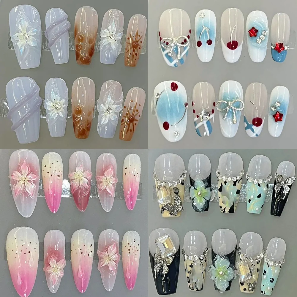 

Handmade Almond Fake Nails Fashion Short Measure Square 3D Lily Flower Nail Art Patch Concise Andclear Art Shiny Press On Nails