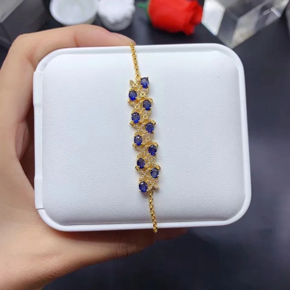 Solid 925 Silver Sapphire Bracelet with Thick 18K Gold Plating 3mm*4mm Total 1.5ct Natural Sapphire Silver Bracelet for Wedding