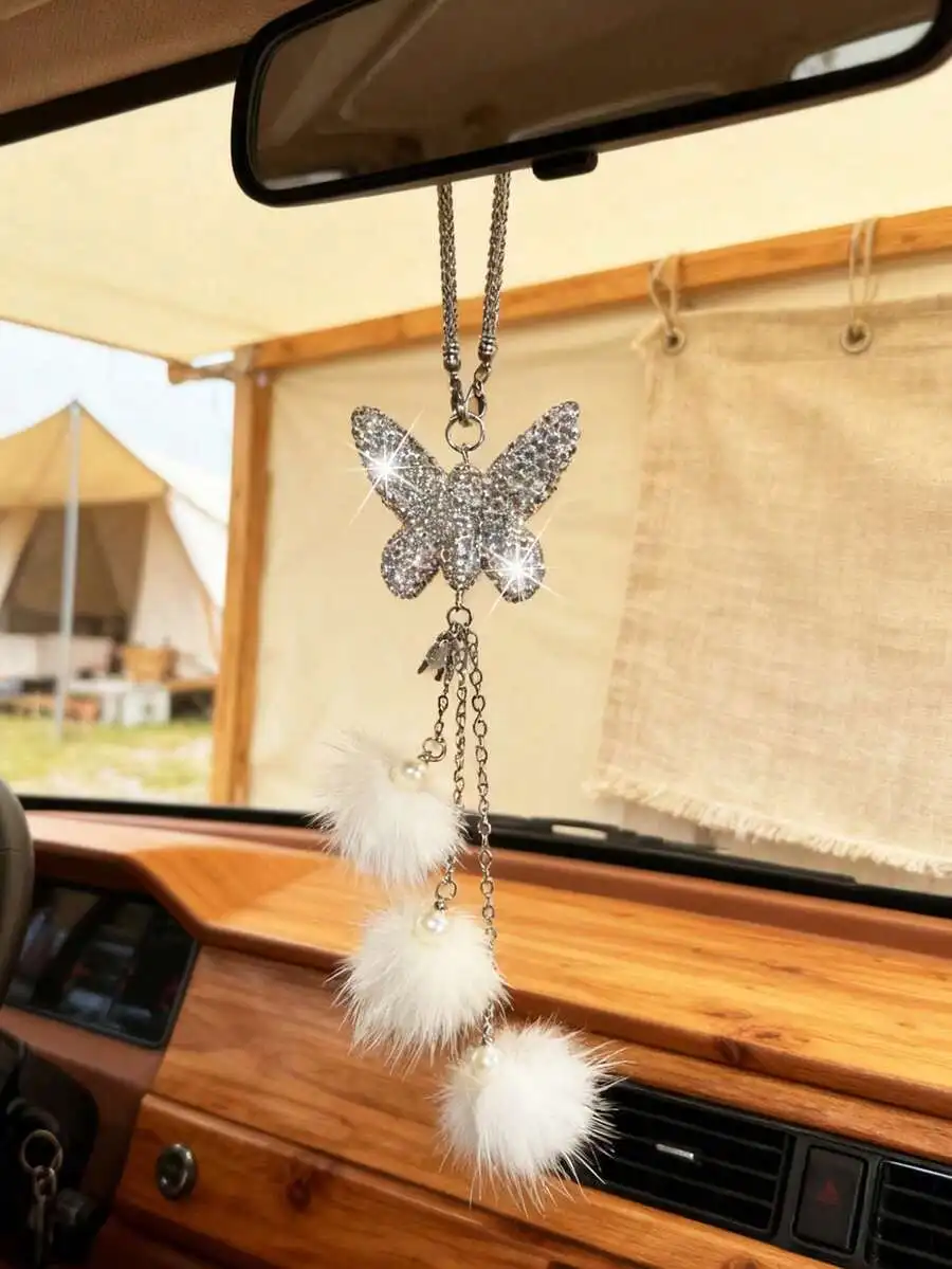 1pc Rhinestone Butterfly Pendant Car Rearview Mirror Decoration, Women's Car Accessory