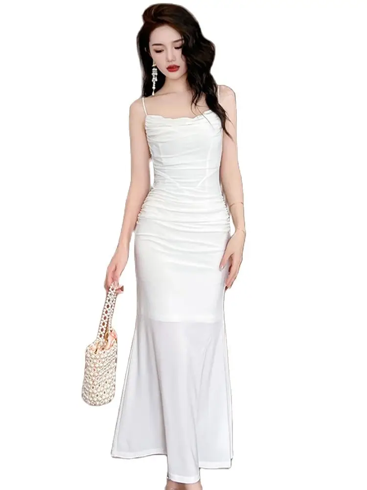 

Dress Elegant Long Dresses for Women Sexy White Elastic Slip Strap Folds Backless Wrap Hip Fishtail Robe Party Beach Vestidos