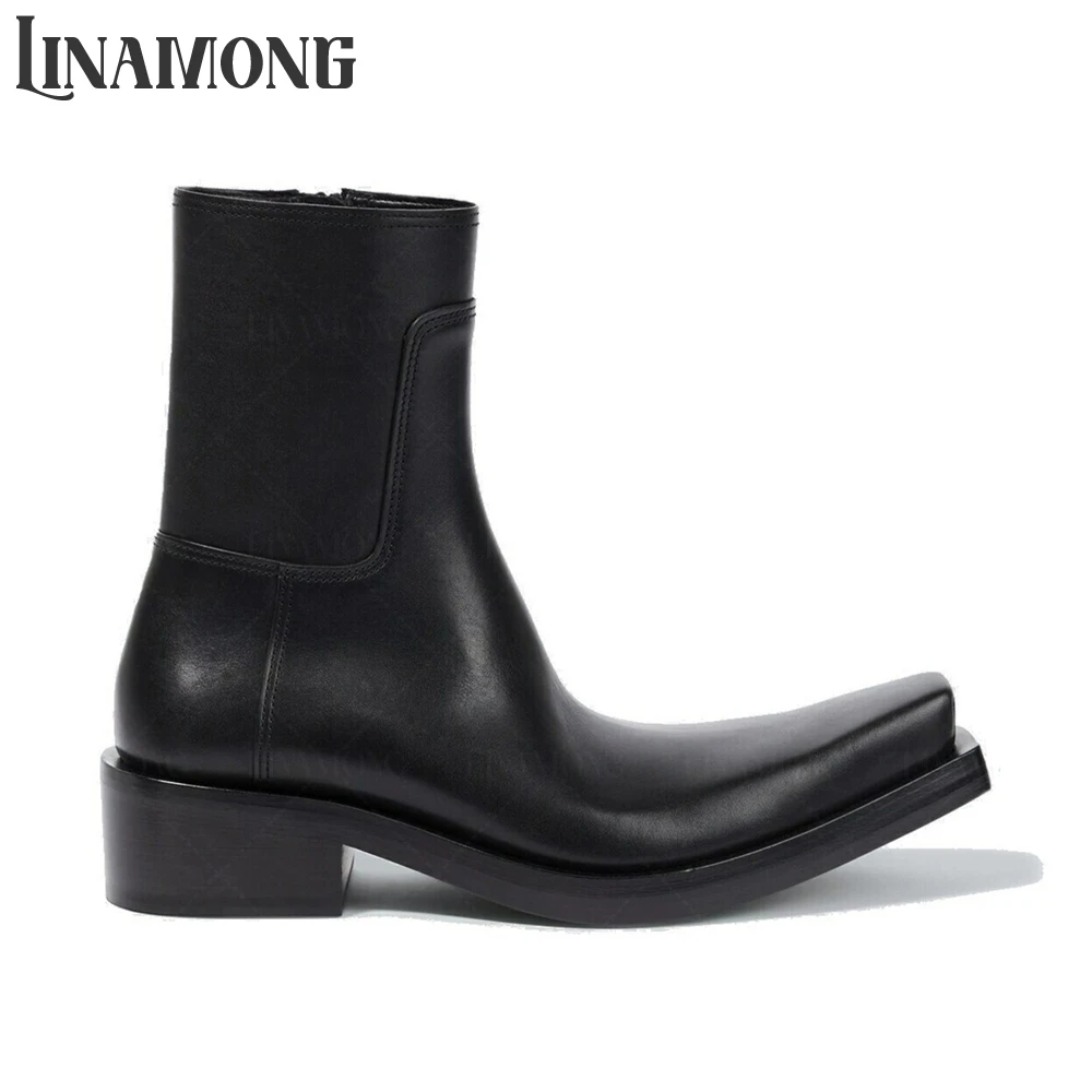 

Cartoonishly Square Toe PU Leather Booties Novelty Designer Style Ankle Boots Zipper Boots Fashion Style Handmade Black Booties