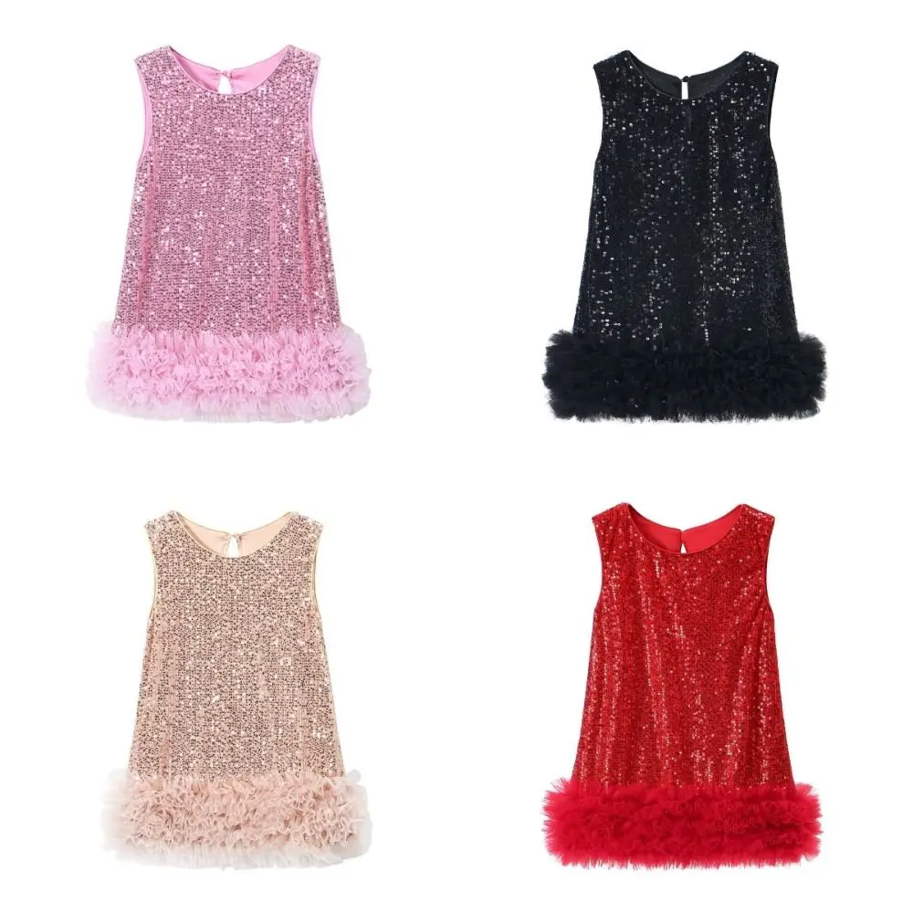 Sequined Girls Mesh Skirt Dresses Fluffy Sparkly Sequin Girls Vest Skirt Costume Sleeveless Princess Tutu Dress Halloween