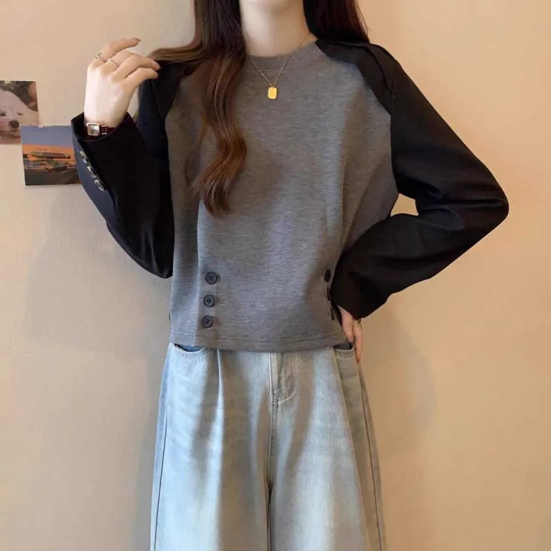 Fashion O-Neck Spliced Button Casual T-Shirt Female Clothing 2024 Spring New Loose Korean Pullovers Tops All-match Tee Shirt