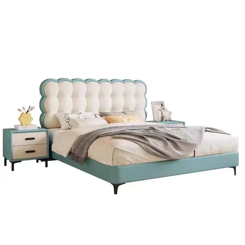 

！@2026 Latest Design New Boy Prince Children's Bed Soft Leather pink Girl Biscuits Bed Single Twin Size Leather Bed