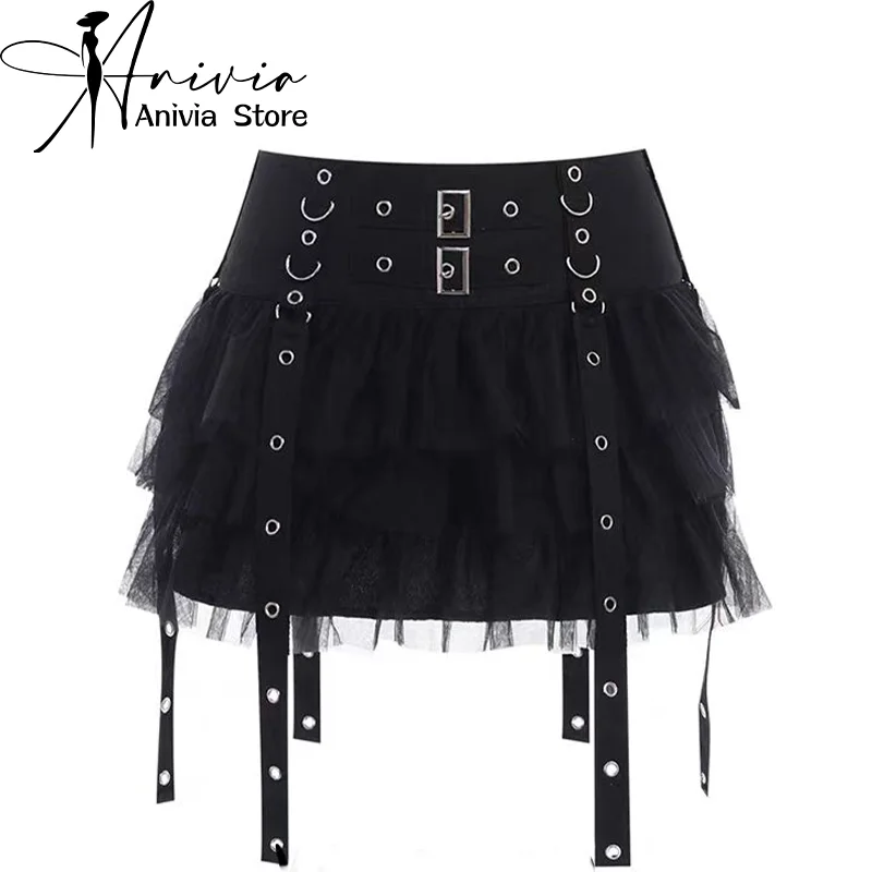 

Women Black Gothic A-Line Mesh Skirt Y2k 90s Aesthetic Skirts Harajuku Vintage Streetwear Emo Skirt 2000s Fashion Clothes Summer