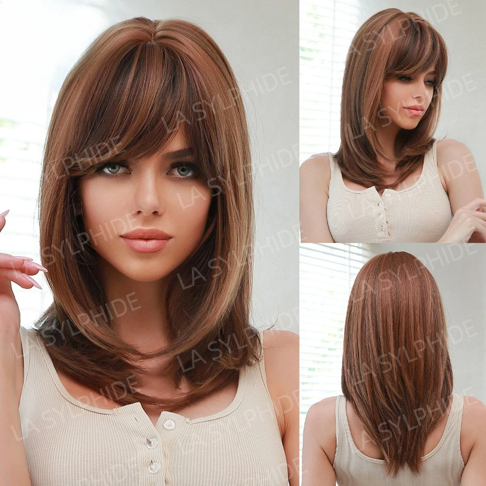 

Brown Highlights Medium Long Straight Hair Eight Characters Bangs Hair European and American Wig Women Chemical Fiber Headgear W