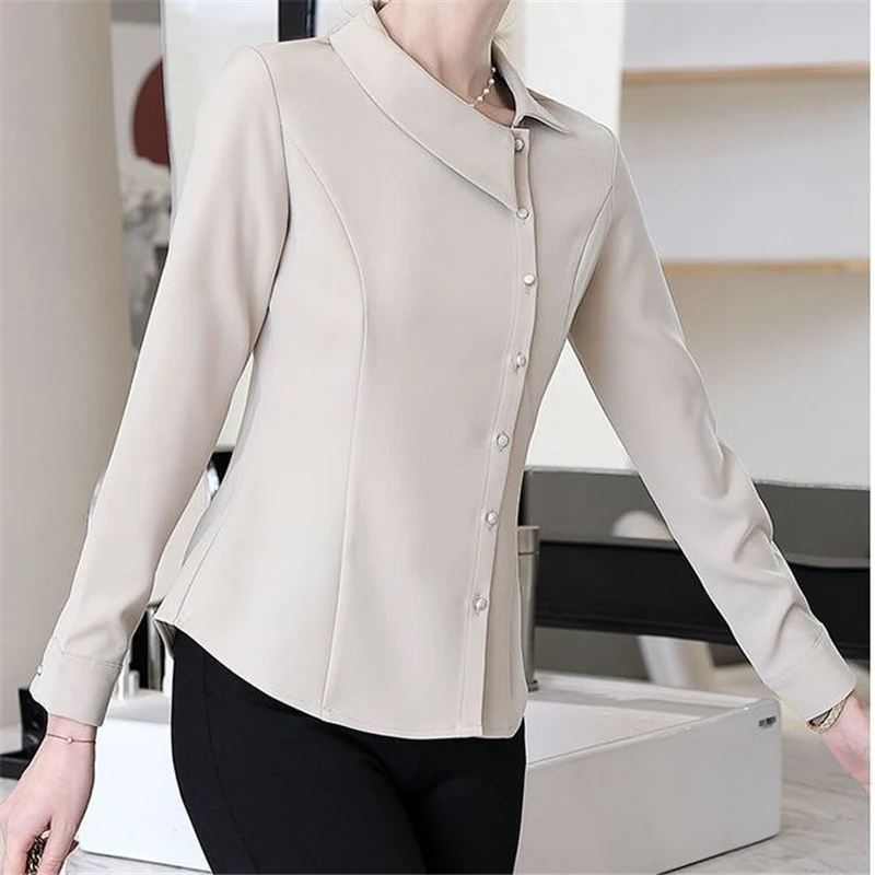 Elegant Chic Office Lady Asymmetrical Slim Button Female Shirts Spring Autumn Fashion Solid Long Sleeve Tops Blouses for Women