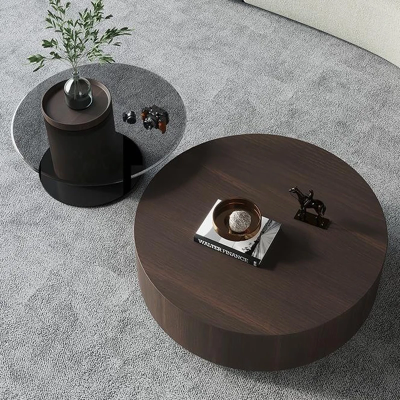 Nordic Living Room Coffee Table Smoky Tea Table Solid Wood Drawer Simple Luxury Household Creative Tempered Glass Round Table