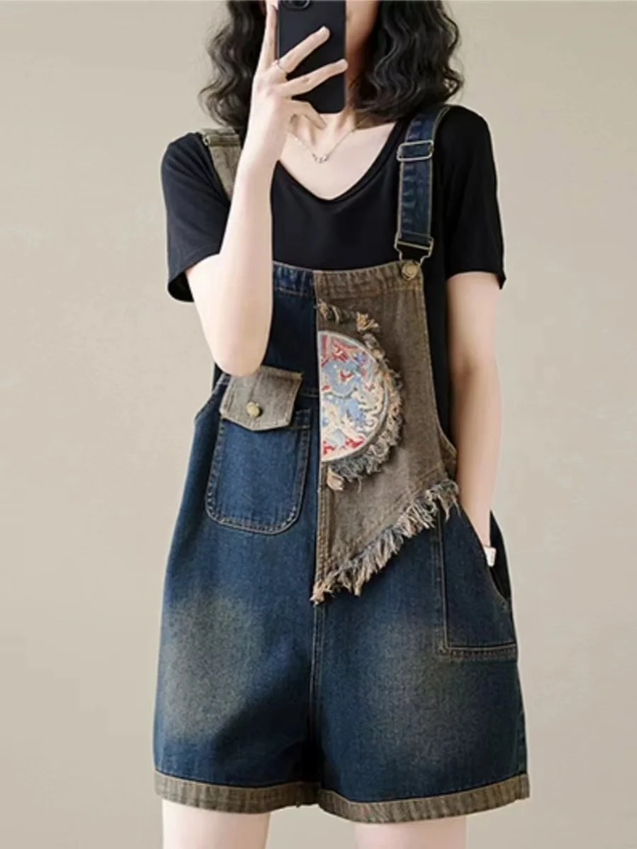 

Новые джинсовые комбинезоны с вышивкой в китайском стиле, женские летние универсальные брюки Faion Age-Defng с высокой талией, пять четвертей...