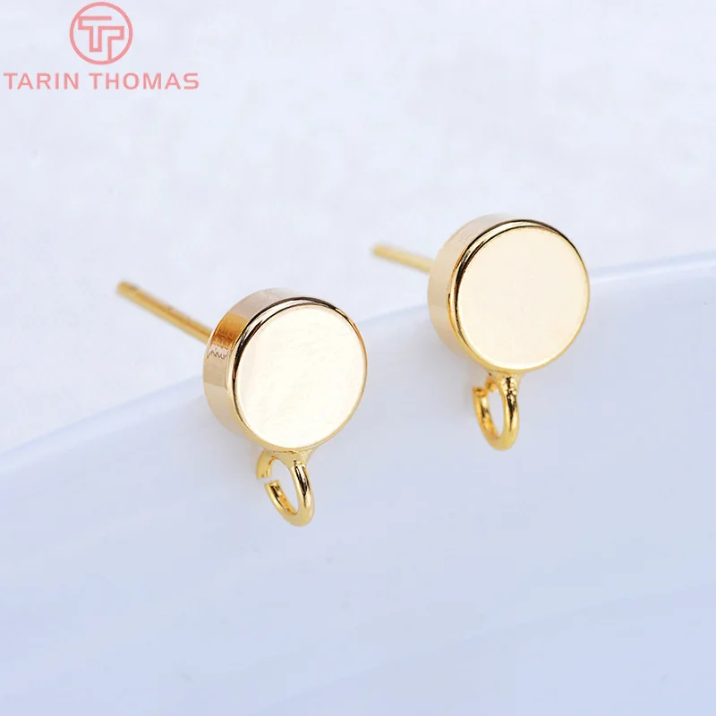 (2125)10PCS 6MM 24K 골드 컬러 황동 후크 구멍 라운드 스터드 귀걸이 핀 고품질 보석 액세서리