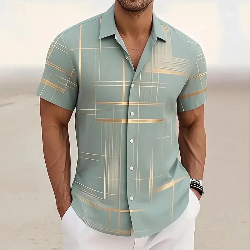 Amazon New 3D Geometric Grid Printed Men's Shirt Flax Short Sleeve Shirt  Fashion Casual Outdoor Vacation Streetwear Top S-5XL